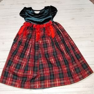 Christmas Green Velvet with Red/Green/Gold Plaid  Girl's Dress. Size 4T.